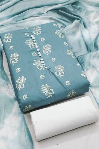 Aqua blue floral cotton salwar suit material with tie-dye dupatta
