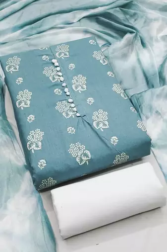 Aqua blue floral cotton salwar suit material with tie-dye dupatta