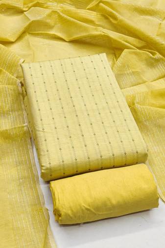 Yellow printed cotton salwar suit material with subtle striped dupatta