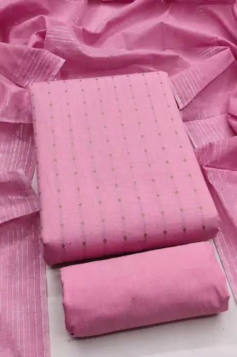 Pink printed cotton salwar suit material with subtle striped dupatta