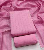 Pink printed cotton salwar suit material with subtle striped dupatta
