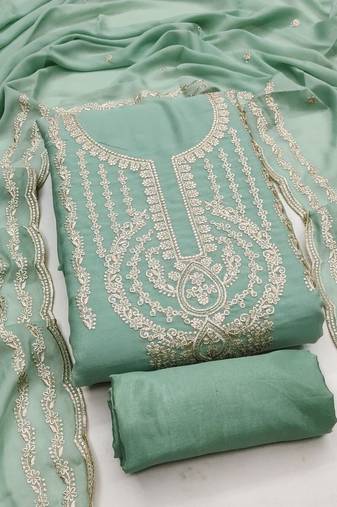 Elegant pista green georgette embroidered salwar suit material with santoon bottom