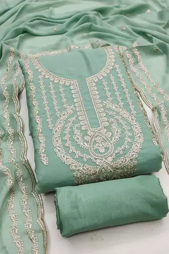 Elegant pista green georgette embroidered salwar suit material with santoon bottom