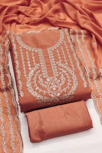 Orange georgette embroidered salwar suit material with santoon bottom