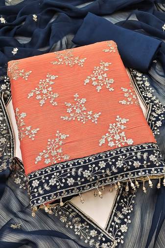 Elegant orange zomata embroidered salwar suit material with contrasting dupatta