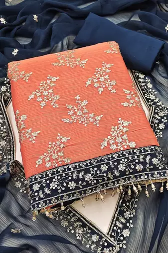 Elegant orange zomata embroidered salwar suit material with contrasting dupatta