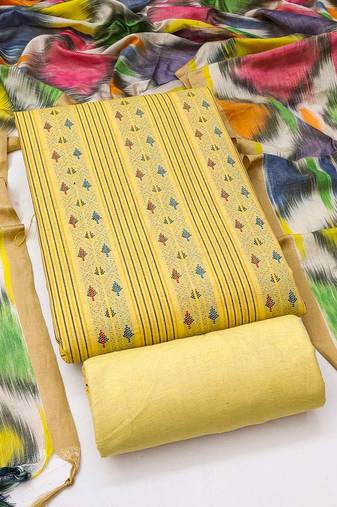 Yellow cotton jacquard salwar suit material with multicolor cotton dupatta