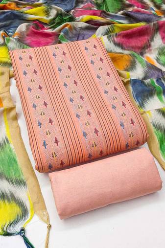 Peach cotton jacquard salwar suit material with multicolor cotton dupatta