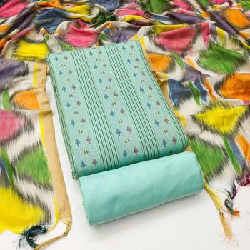 Green cotton jacquard salwar suit material with multicolor cotton dupatta 1