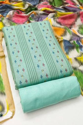 Green cotton jacquard salwar suit material with multicolor cotton dupatta
