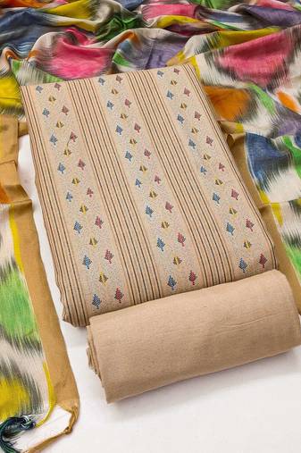Beige cotton jacquard salwar suit material with multicolor cotton dupatta