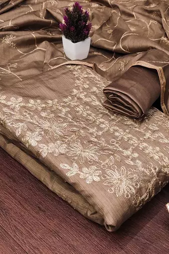 Light brown jalpari silk embroidered salwar suit material with santoon bottom