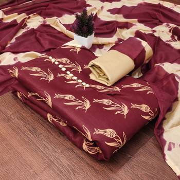 Maroon printed cotton salwar suit material with tie-dye najmin dupatta 1