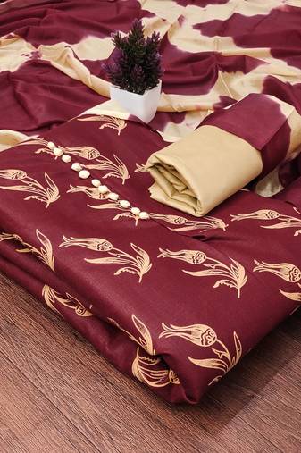 Maroon elegant printed cotton salwar suit material with tie-dye najmin dupatta