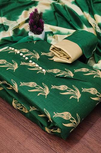 Green elegant printed cotton salwar suit material with tie-dye najmin dupatta