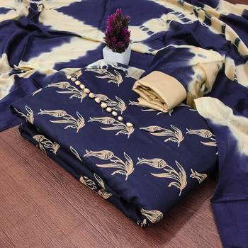 Blue printed cotton salwar suit material with tie-dye najmin dupatta 1