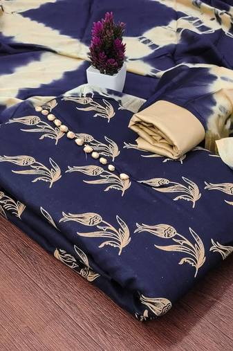Blue elegant printed cotton salwar suit material with tie-dye najmin dupatta