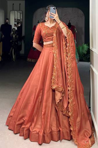 Beautiful Rust Orange Silk Thread Embroidered Lehenga Choli