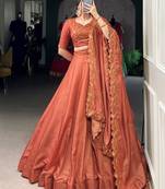 Beautiful Rust Orange Silk Thread Embroidered Lehenga Choli
