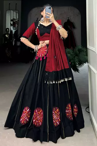 Black Pure Cotton Patch Work Navratri Wear Lehenga Choli