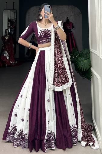 Wine Pure Cotton Mirror Work Navratri Wear Lehenga Choli
