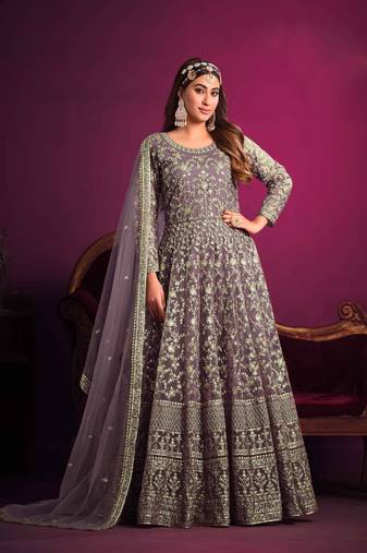 Dusty purple embroidered & sequins work net anarkali churidar suit - free size stitching (size upto 42")