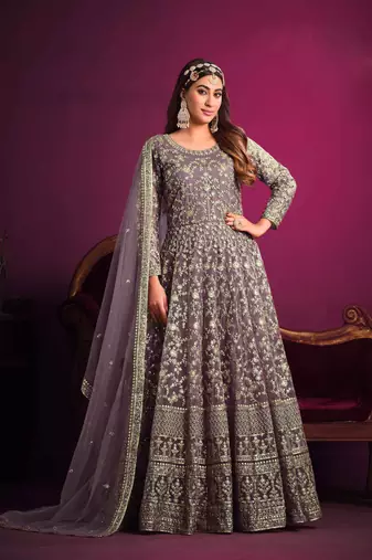 Dusty purple embroidered & sequins work net anarkali churidar suit - free size stitching (size upto 42")