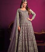 Dusty purple embroidered & sequins work net anarkali churidar suit - free size stitching (size upto 42")