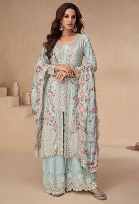 Sky blue embroidery, sequins,mirror work chinon silk anarkali palazzo suit - free size stitching (size upto 42") 1