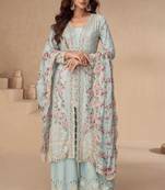Sky blue embroidery, sequins,mirror work chinon silk anarkali palazzo suit - free size stitching (size upto 42")