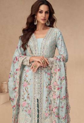 Sky blue embroidery, sequins,mirror work chinon silk anarkali palazzo suit - free size stitching (size upto 42") 2