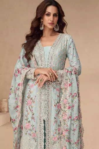 Sky blue embroidery, sequins,mirror work chinon silk anarkali palazzo suit - free size stitching (size upto 42")