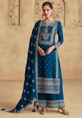 Blue embroidered & sequins work chinnon silk straight palazzo suit - free size(size upto 42") 1