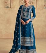 Blue embroidered & sequins work chinnon silk straight palazzo suit - free size(size upto 42")