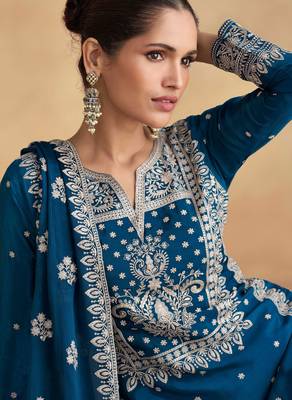 Blue embroidered & sequins work chinnon silk straight palazzo suit - free size(size upto 42") 2