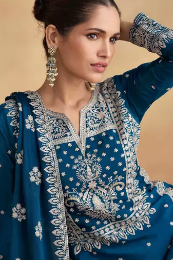 Blue embroidered & sequins work chinnon silk straight palazzo suit - free size(size upto 42")