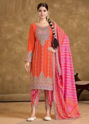 Orange embroidery, mirror & sequins work chinnon straight dhoti suit - free size stitching (size upto 42") 1