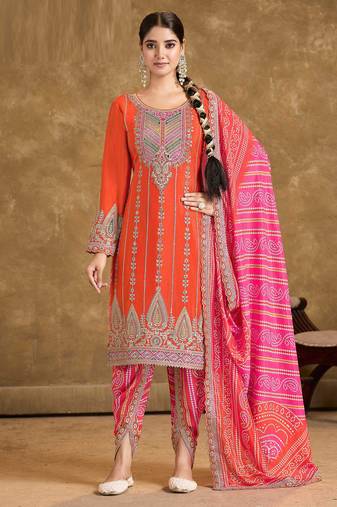 Orange embroidery, mirror & sequins work chinnon straight dhoti suit - free size stitching (size upto 42")