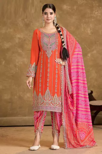 Orange embroidery, mirror & sequins work chinnon straight dhoti suit - free size stitching (size upto 42")
