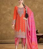 Orange embroidery, mirror & sequins work chinnon straight dhoti suit - free size stitching (size upto 42")
