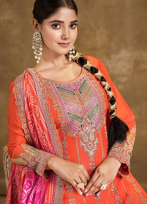 Orange embroidery, mirror & sequins work chinnon straight dhoti suit - free size stitching (size upto 42") 2