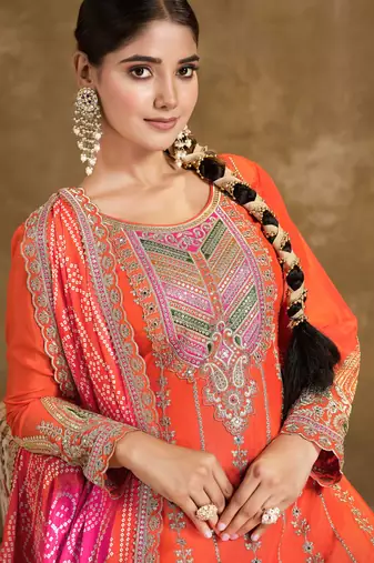 Orange embroidery, mirror & sequins work chinnon straight dhoti suit - free size stitching (size upto 42")