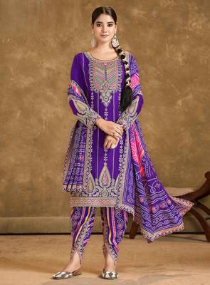 Purple embroidery mirror & sequins work chinnon straight dhoti suit - free size(size upto 42") 1