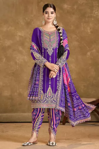 Purple embroidery, mirror & sequins work chinnon straight dhoti suit - free size stitching (size upto 42")