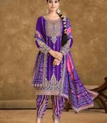 Purple embroidery mirror & sequins work chinnon straight dhoti suit - free size(size upto 42")