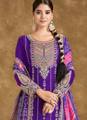 Purple embroidery mirror & sequins work chinnon straight dhoti suit - free size(size upto 42") 2