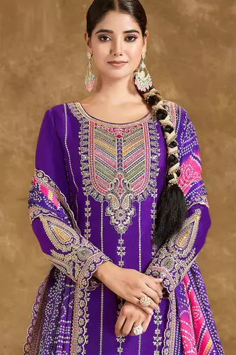 Purple embroidery mirror & sequins work chinnon straight dhoti suit - free size(size upto 42")
