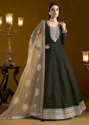 Black embroidery & sequins work chenderi anarkali churidar suit - free size stitching (size upto 42") 1