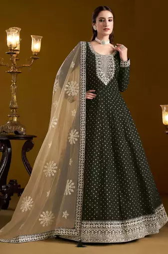 Black embroidery & sequins work chenderi anarkali churidar suit - free size stitching (size upto 42")