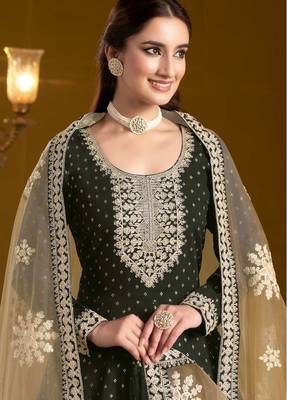 Black embroidery & sequins work chenderi anarkali churidar suit - free size stitching (size upto 42") 2